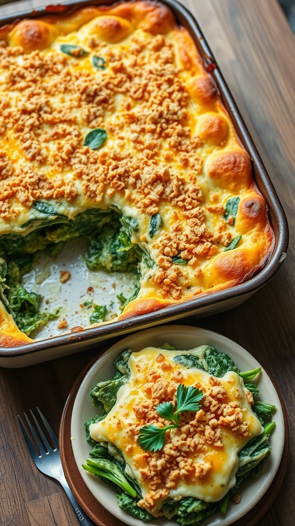 A cheesy spinach casserole with a golden crust, served on a wooden table.